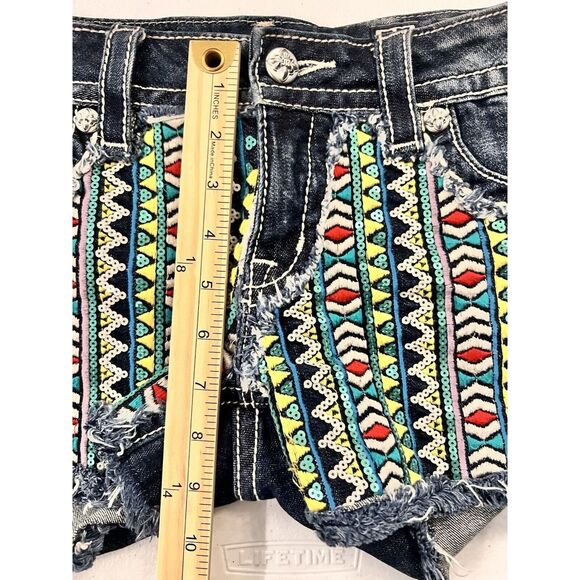 Miss Me Womens Denim Cut Off Shorts Aztec Embellished Sequin Embroidered Size 27 - Picture 6 of 9